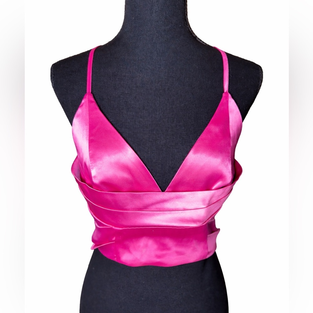 Mustard Seed Pink Satin Crop Top Y2K Coquette Barbiecore Laceup Cami- Medium